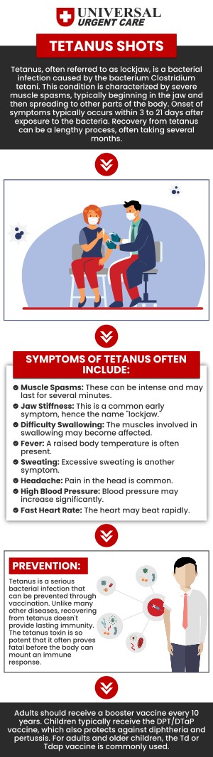 Common questions asked by patients: What is tetanus and why is the vaccine important? Who should get a tetanus shot? How often should I get a tetanus booster? Can I get a tetanus shot at any age? For more information, contact us or book an appointment online. We are conveniently located at Niles Street, Brimhall Road, and Ming Avenue in Bakersfield, CA. We serve patients from Bakersfield CA, Maltha CA, Kayandee CA, Panama CA, Arvin CA, Fairfax CA, Rosedale CA, and surrounding areas.