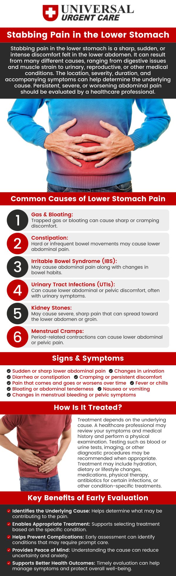 Stabbing pain in the lower stomach can be a sign of several possible conditions, from gastrointestinal issues to more serious problems like appendicitis. At Universal Urgent Care, our experienced providers can assess your symptoms and offer quick, effective treatment options. If you experience severe pain, fever, or other concerning symptoms, it’s important to seek immediate care. Whether your pain is due to a minor issue or something more serious, we are here to provide the medical attention you need. For more information, contact us or book an appointment online. We are conveniently located at Niles Street, Brimhall Road, and Ming Avenue in Bakersfield, CA. Stabbing pain in the lower stomach can be a sign of several possible conditions, from gastrointestinal issues to more serious problems like appendicitis. At Universal Urgent Care, our experienced providers can assess your symptoms and offer quick, effective treatment options. If you experience severe pain, fever, or other concerning symptoms, it’s important to seek immediate care. Whether your pain is due to a minor issue or something more serious, we are here to provide the medical attention you need. For more information, contact us or book an appointment online. We are conveniently located at Niles Street, Brimhall Road, and Ming Avenue in Bakersfield, CA.