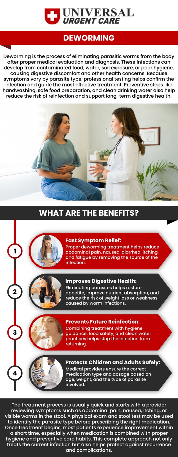 At Universal Urgent Care on Ming Avenue in Bakersfield, CA, our practice provides personalized evaluation and treatment support for patients experiencing concerns related to intestinal worms and parasitic infections. Our team understands that digestive symptoms caused by parasites can affect comfort, daily routines, and overall wellness. We focus on identifying the possible cause of symptoms through careful evaluation and providing treatment guidance based on each patient’s health needs. For more information, contact us today or book an appointment. We are conveniently located at 2728 Ming Ave, Bakersfield, CA 93304.