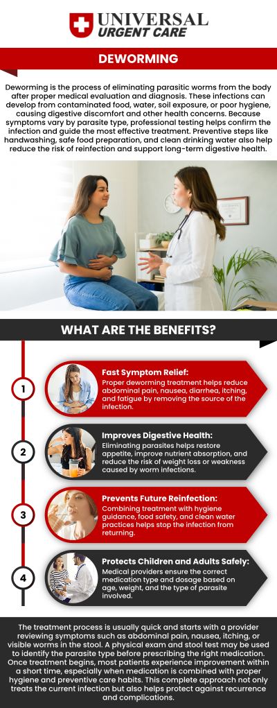 At Universal Urgent Care on Ming Avenue in Bakersfield, CA, our practice provides personalized evaluation and treatment support for patients experiencing concerns related to intestinal worms and parasitic infections. Our team understands that digestive symptoms caused by parasites can affect comfort, daily routines, and overall wellness. We focus on identifying the possible cause of symptoms through careful evaluation and providing treatment guidance based on each patient’s health needs. For more information, contact us today or book an appointment. We are conveniently located at 2728 Ming Ave, Bakersfield, CA 93304.